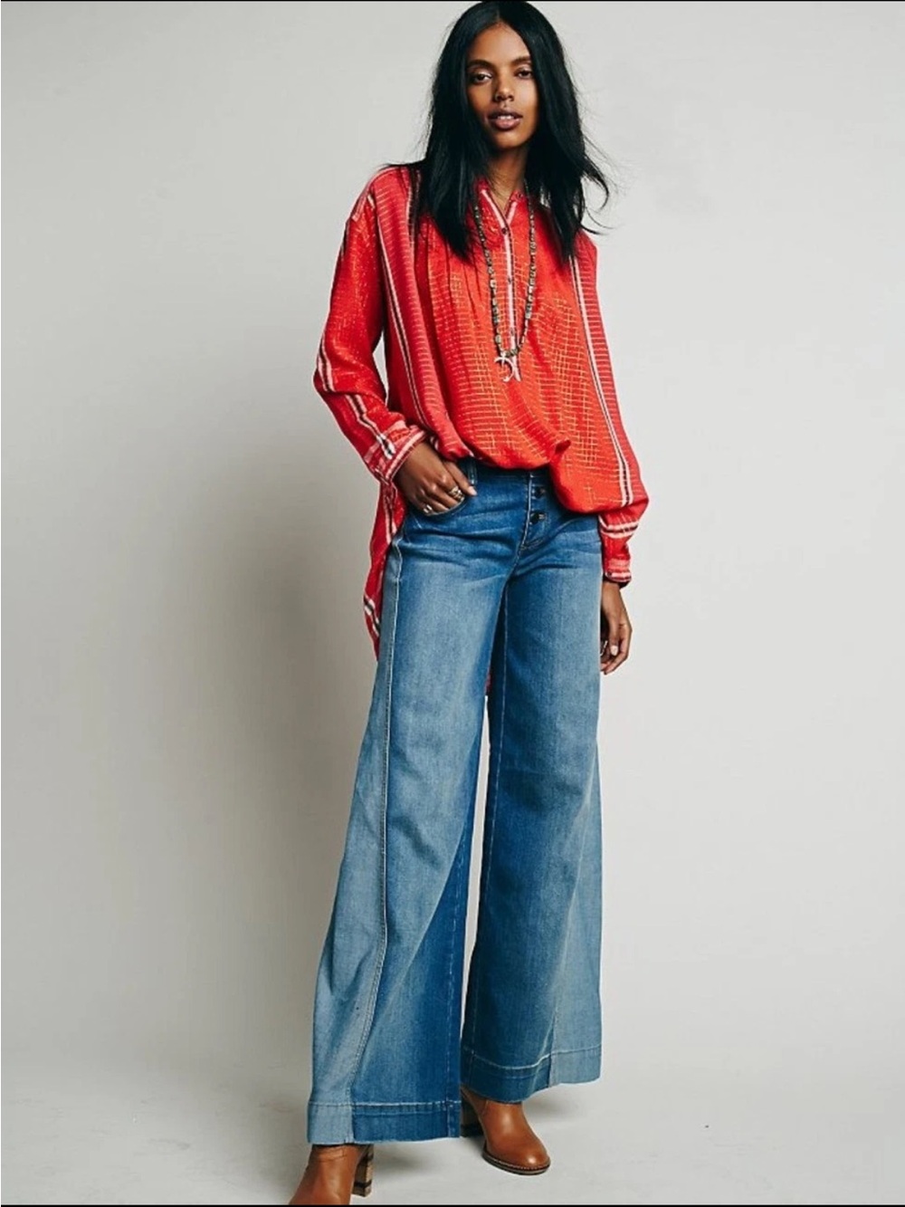 Free People Yarn Dye Lurex Tunic Top Boho Stripe Red Orange XS